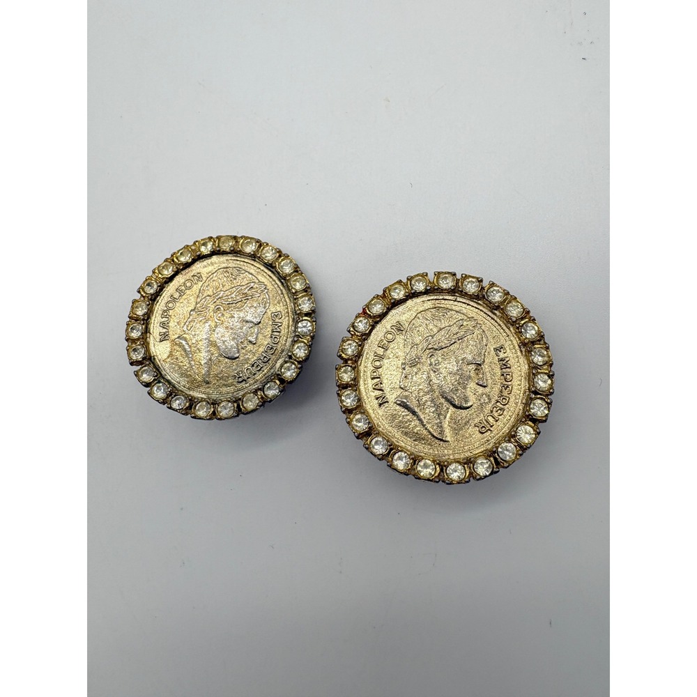 Vintage Napoleon Empereur Coin Clip On Earrings‎ Gold Tone Rhinestone Halo